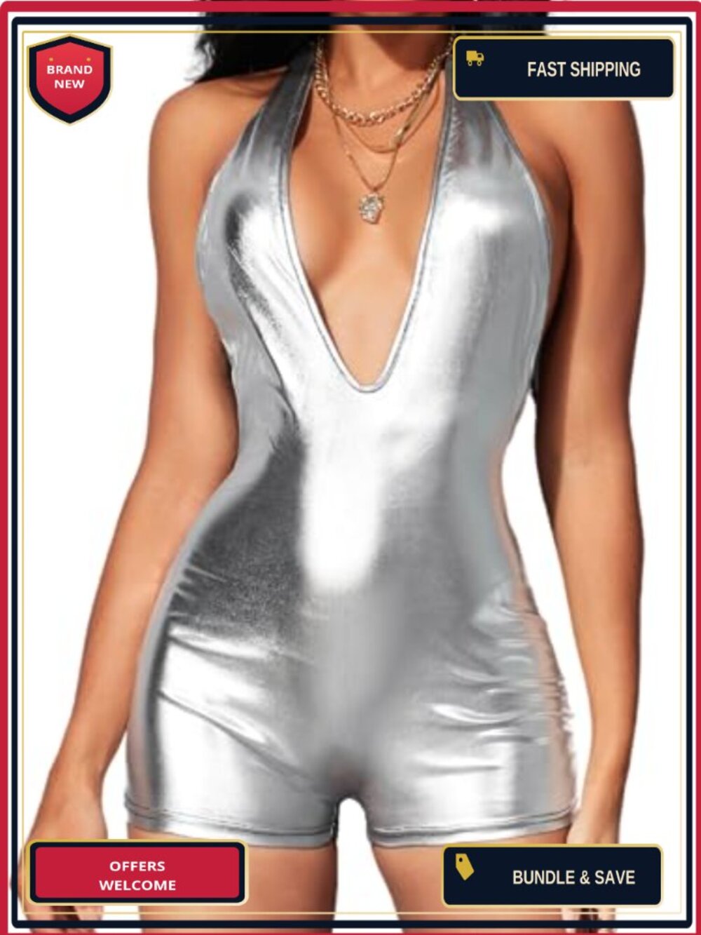 Metallic Bodycon Romper Tie Halter One Piece Backless Club Outfit